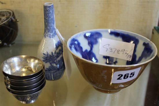 Chinese B&W bowl, small B&W vase & Jap silver cups